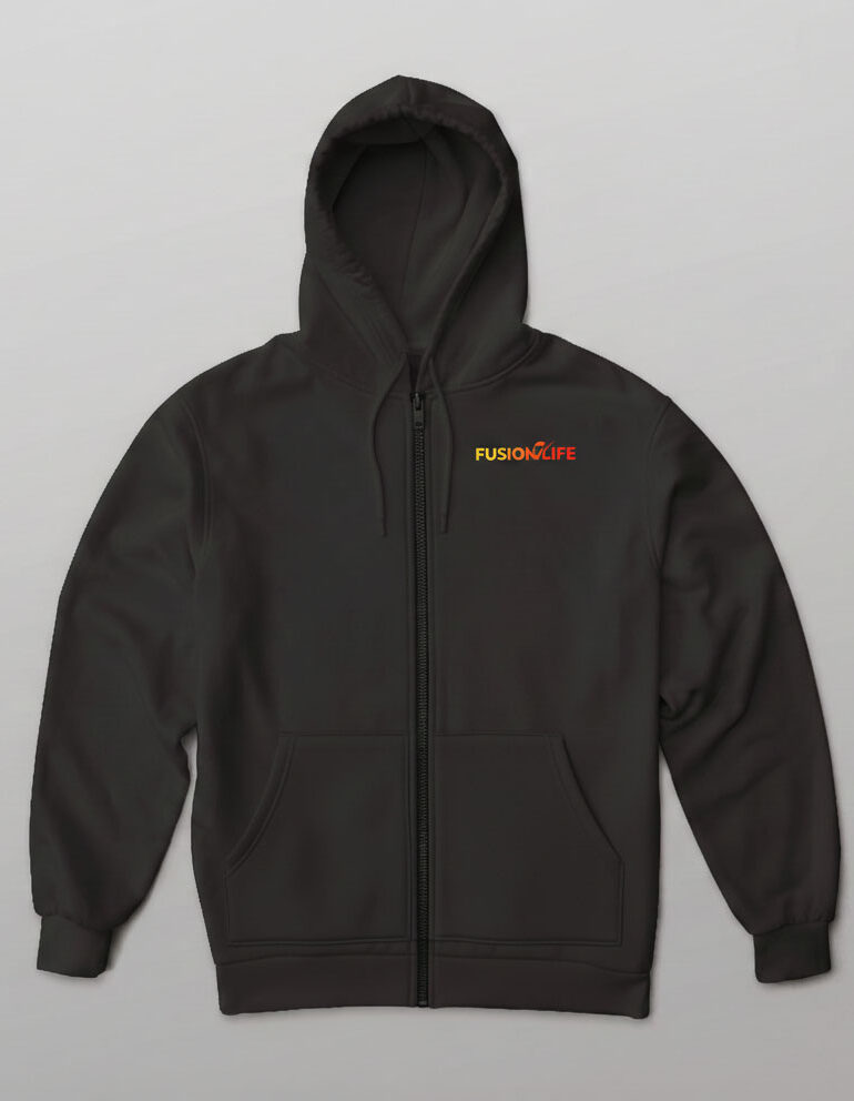 Hoodiejacke unisex mit Brustlogo und Rückendruck